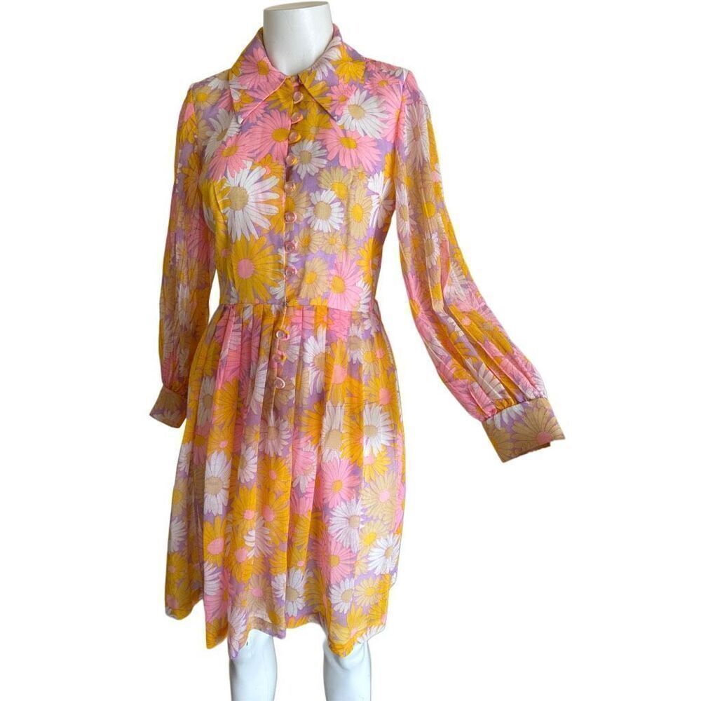 Vintage 70’s dress yellow orange sunburst groovy floral summer dress mini illusi